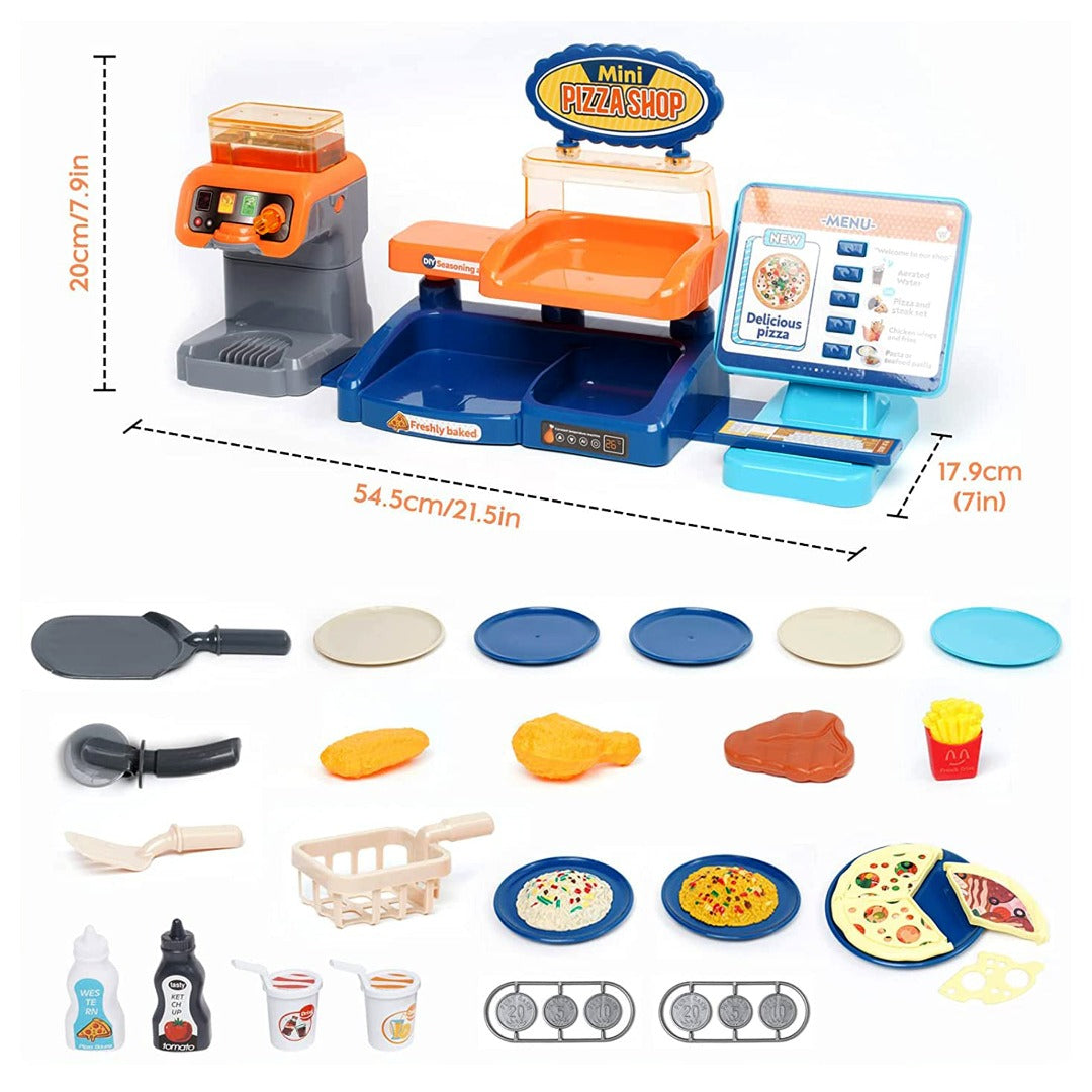 Coo11 35 pcs Kids Pretend play Pizza cashier machine for kids simulation pizza pasta juice maker machine supermarket shopping play house toys for kids baby pretend play food gift for kids Aged 3+