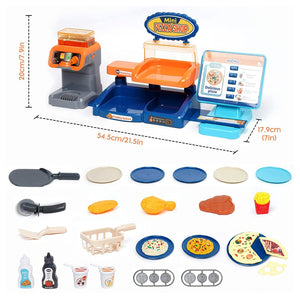 Coo11 35 pcs Kids Pretend play Pizza cashier machine for kids simulation pizza pasta juice maker machine supermarket shopping play house toys for kids baby pretend play food gift for kids Aged 3+