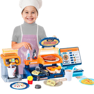 Coo11 35 pcs Kids Pretend play Pizza cashier machine for kids simulation pizza pasta juice maker machine supermarket shopping play house toys for kids baby pretend play food gift for kids Aged 3+