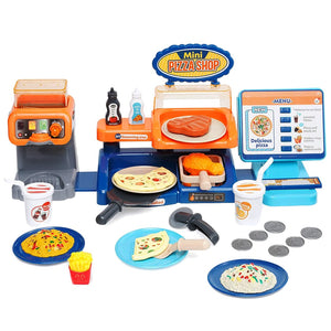 Coo11 35 pcs Kids Pretend play Pizza cashier machine for kids simulation pizza pasta juice maker machine supermarket shopping play house toys for kids baby pretend play food gift for kids Aged 3+