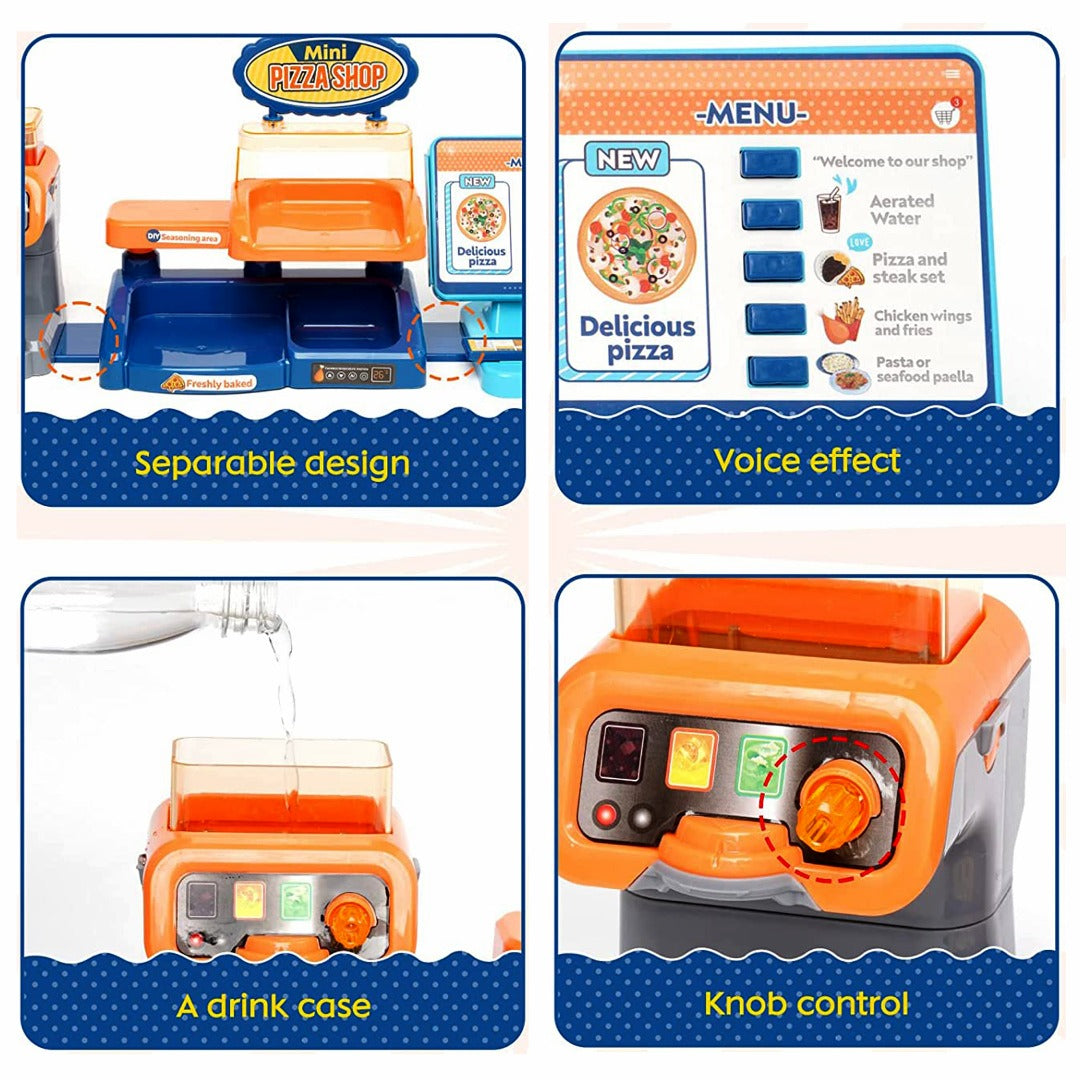 Coo11 35 pcs Kids Pretend play Pizza cashier machine for kids simulation pizza pasta juice maker machine supermarket shopping play house toys for kids baby pretend play food gift for kids Aged 3+