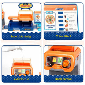 Coo11 35 pcs Kids Pretend play Pizza cashier machine for kids simulation pizza pasta juice maker machine supermarket shopping play house toys for kids baby pretend play food gift for kids Aged 3+