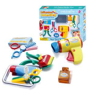 Coo11 Play Accessories Barber Shop Salon Hairstyle Set Kit with Clipper Beauty Pretend Stylist Hair Cutting Hairdresser Toys Dryer, Scissors, Apron Gifts for Boy Kids Girls  Ages 3 Years Up