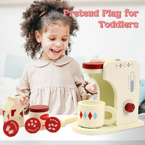 Coo11 Kids Pretend Play Wooden Coffee Maker Machine with Spoon & Mug, Educational Toy, Fun Learning Game, Kitchen Accessories, Suitable Gift for 3+ Ages Children