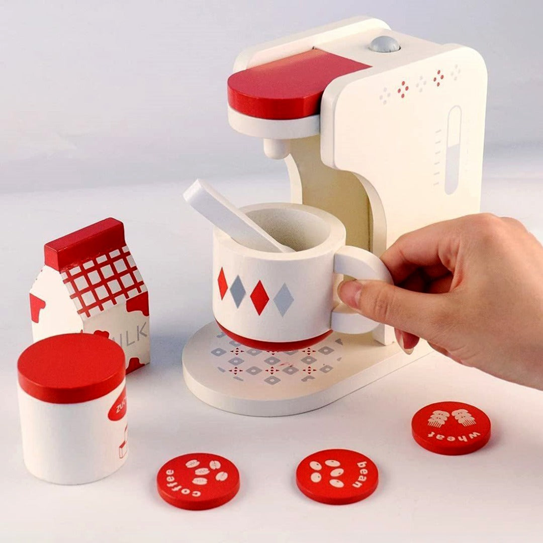 Coo11 Kids Pretend Play Wooden Coffee Maker Machine with Spoon & Mug, Educational Toy, Fun Learning Game, Kitchen Accessories, Suitable Gift for 3+ Ages Children