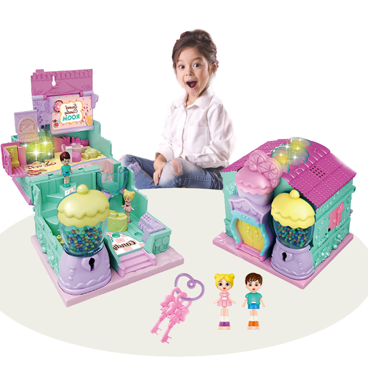 Kids Pretend Play Plastic Candy Room Toy With Light Music Furniture Doll Diy House Doll House For Girl, Dream House With Light, Chimney And Doll Toy Figures, Diy Pretend Play Furniture And Accessories, Princess Castle Dollhouse Building Toy
