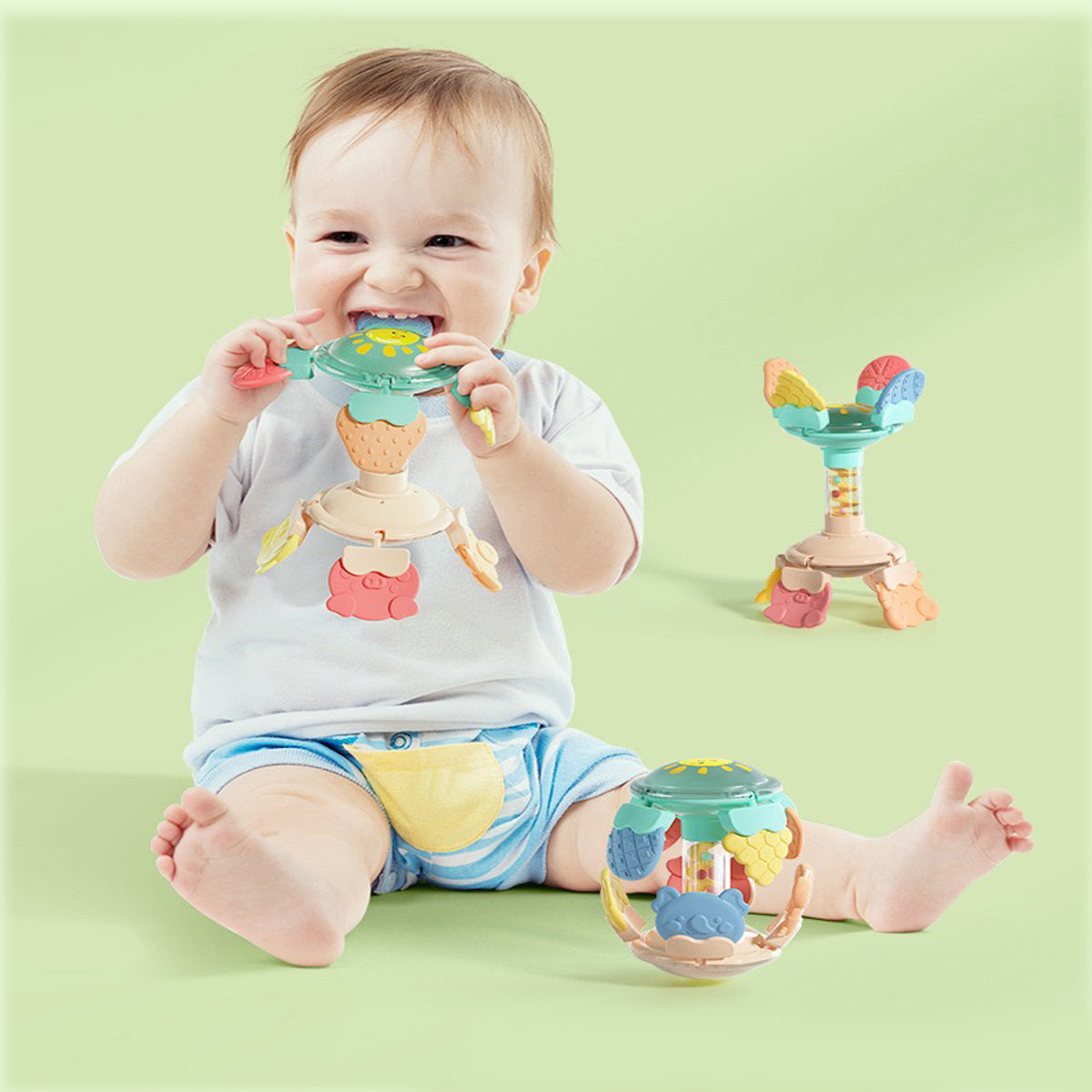 Coo11 Kids Rotation Ring Soft Silicone Rattle Teether, Multifunction Newborn Sensory Hand Grabbing Ball, Relief Pain, Educational Strengthen Toy, Suitable for Babies & Toddler (Green)
