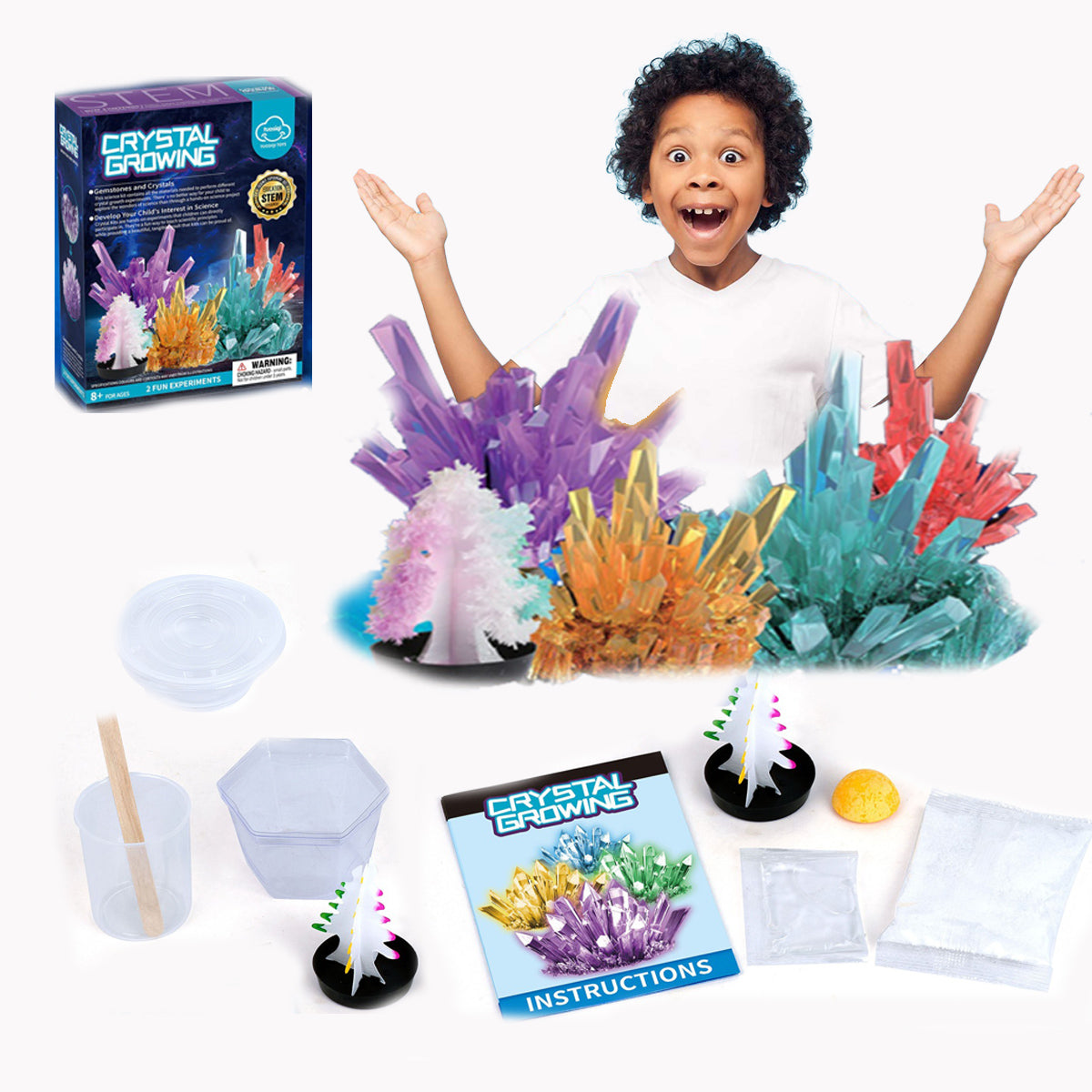 Scientific Experiment Of Crystal Growth (2 Crystals) - Grow Coloured Crystals, Diy Stem Educational Science Experiments Kits For Boys Girls Age 5 6 8 10, Chemistry Toys As Idea Easter Gift