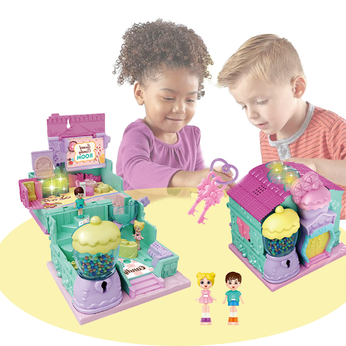 Kids Pretend Play Plastic Candy Room Toy With Light Music Furniture Doll Diy House Doll House For Girl, Dream House With Light, Chimney And Doll Toy Figures, Diy Pretend Play Furniture And Accessories, Princess Castle Dollhouse Building Toy