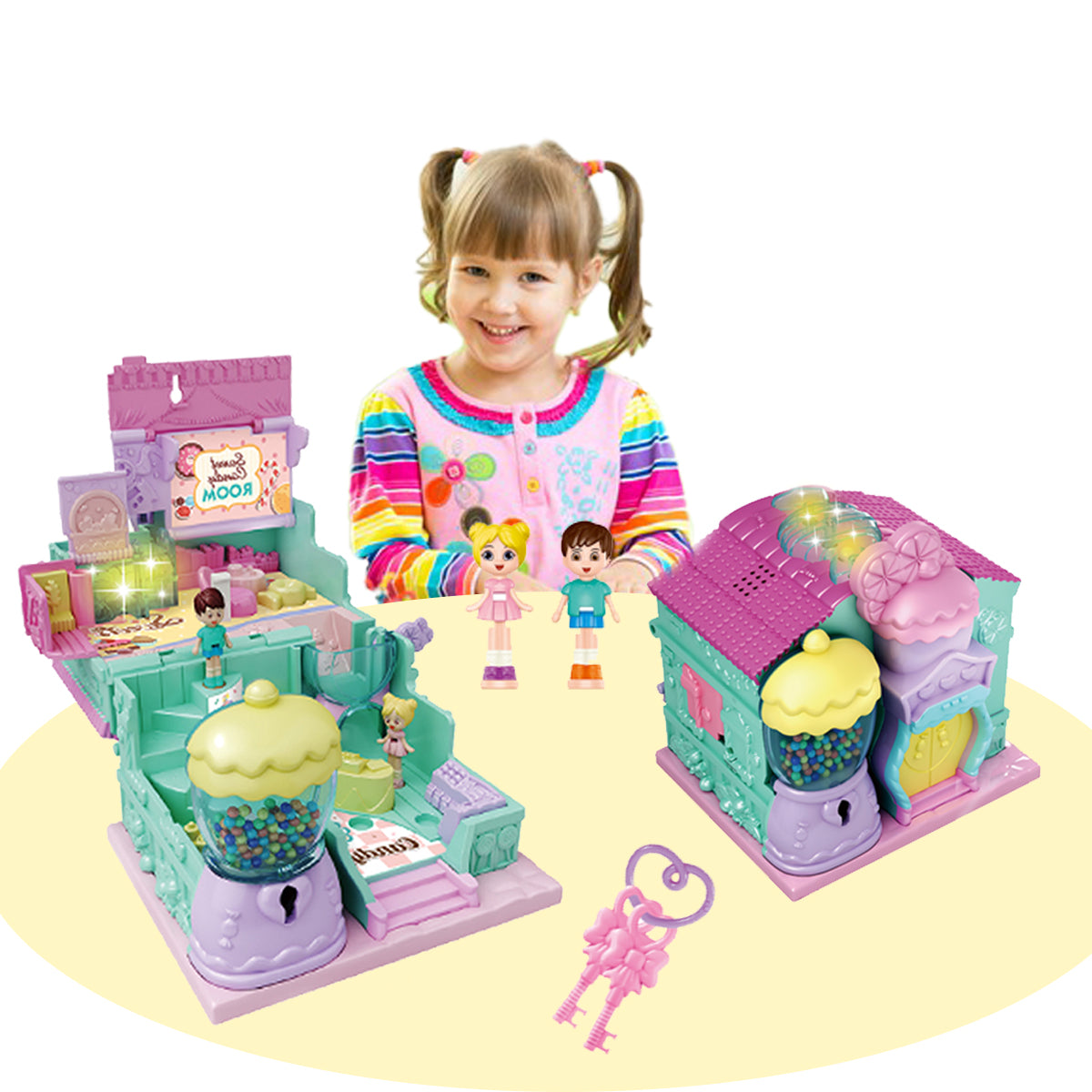 Kids Pretend Play Plastic Candy Room Toy With Light Music Furniture Doll Diy House Doll House For Girl, Dream House With Light, Chimney And Doll Toy Figures, Diy Pretend Play Furniture And Accessories, Princess Castle Dollhouse Building Toy